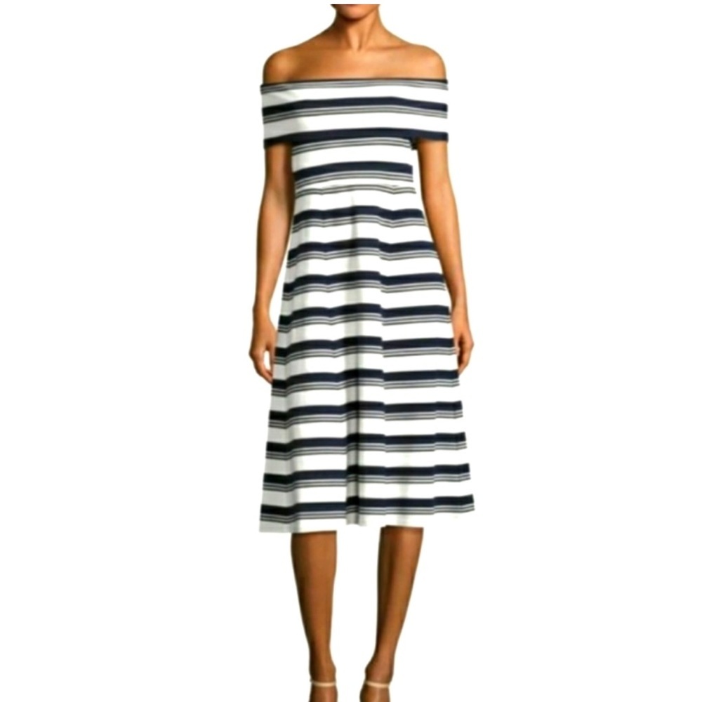 Derek Lam 10 Crosby Off Shoulder Fit & Flare Striped Midi Dress Navy White XS